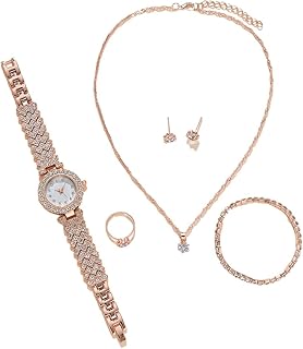 Watch Sets Gifts for Women Diamond Bangle Necklace Earrings Ring Watches 5 Pack Dress Jewelry Watch for Female